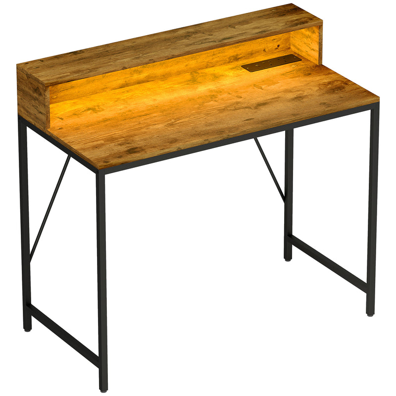 Rustic brown 100 cm computer desk with LED-lit monitor stand and black steel frame