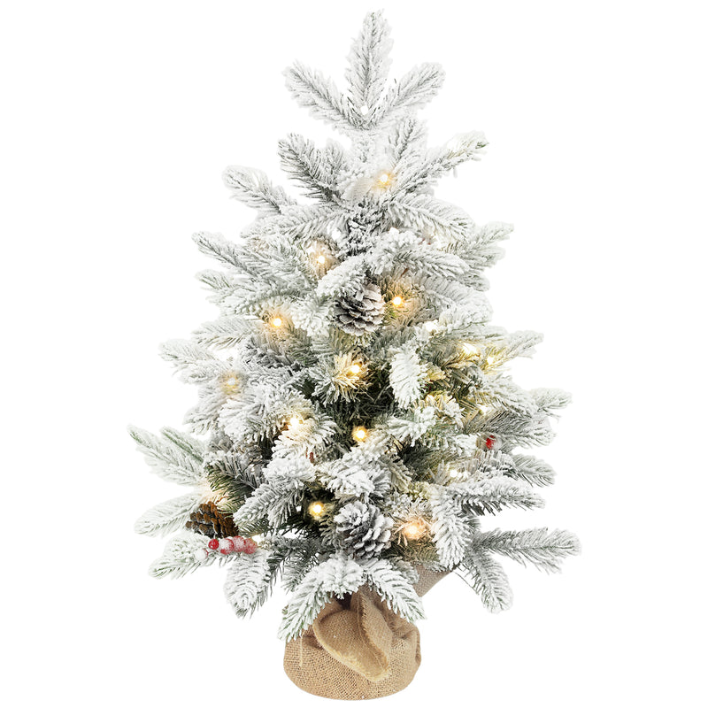 60 cm bushy snowy pre-lit tabletop Christmas tree with warm white LEDs, pine cones and berries
