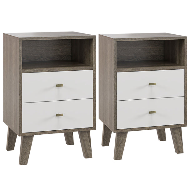 Pair of grey and white industrial-Scandi bedside tables with two drawers and open shelf
