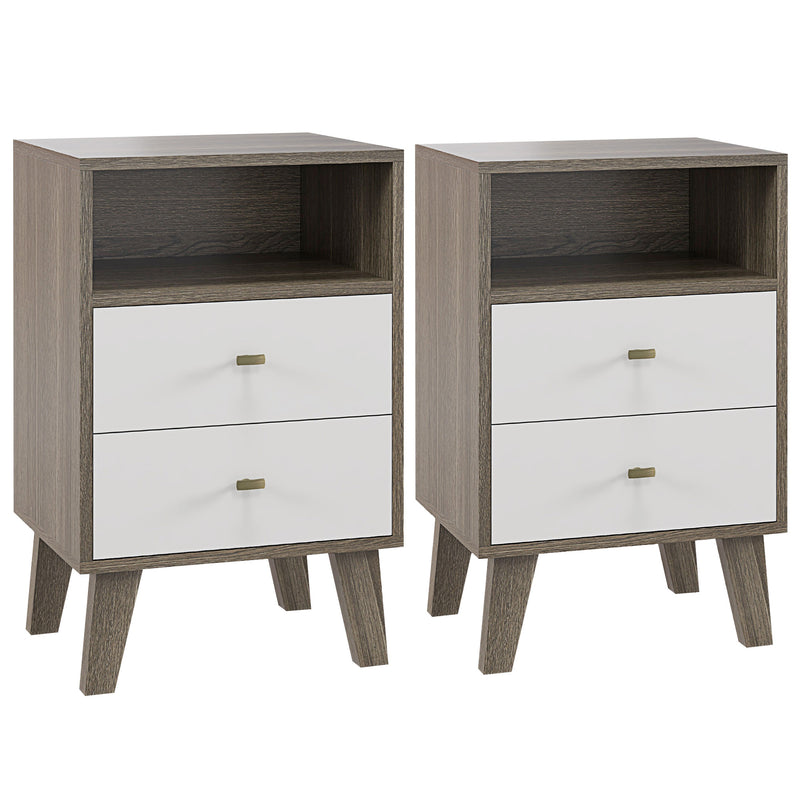 Pair of grey and white industrial-Scandi bedside tables with two drawers and open shelf