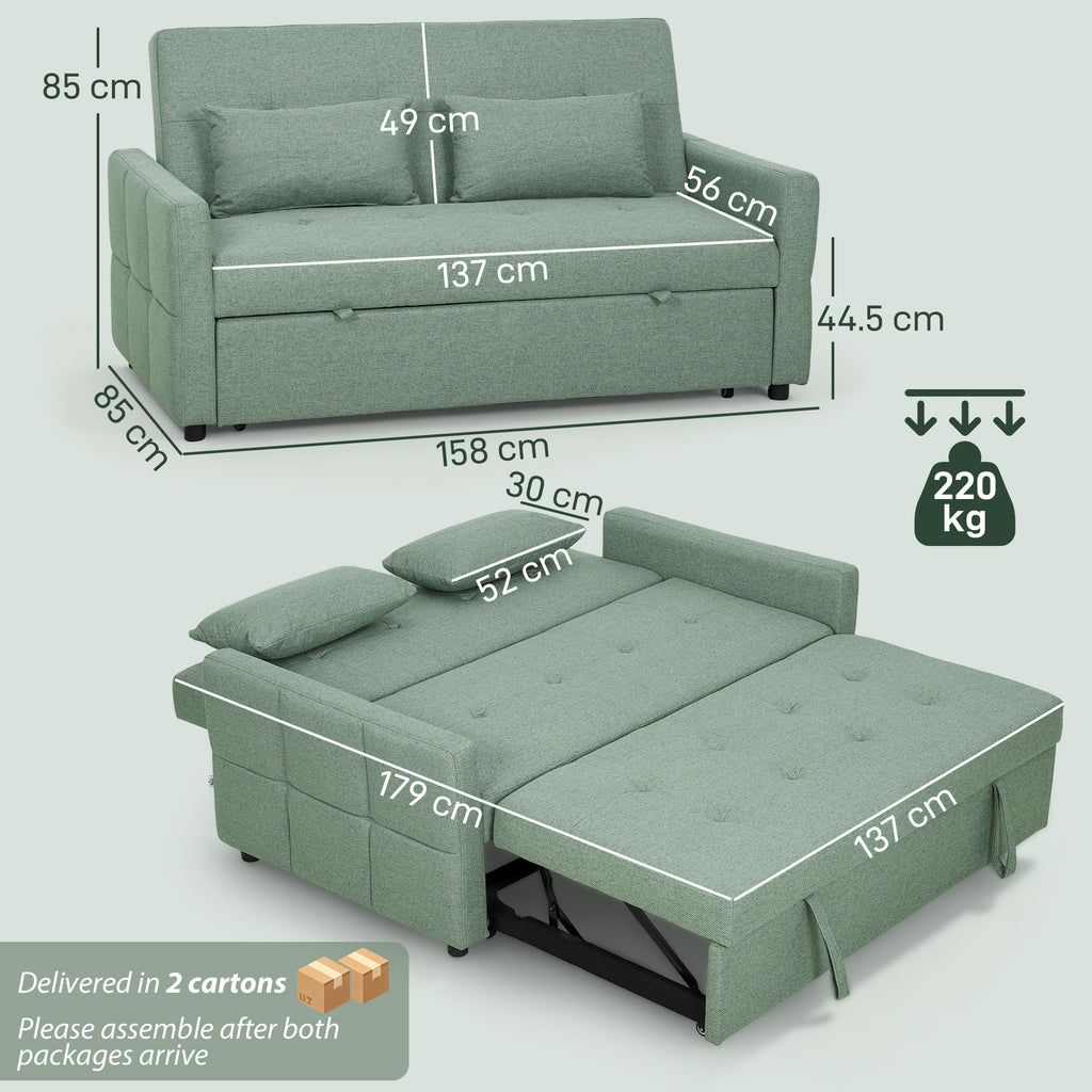 Three-Way 2 Seater Sofa Bed with Three-position back and Two Soft Pillows - Green