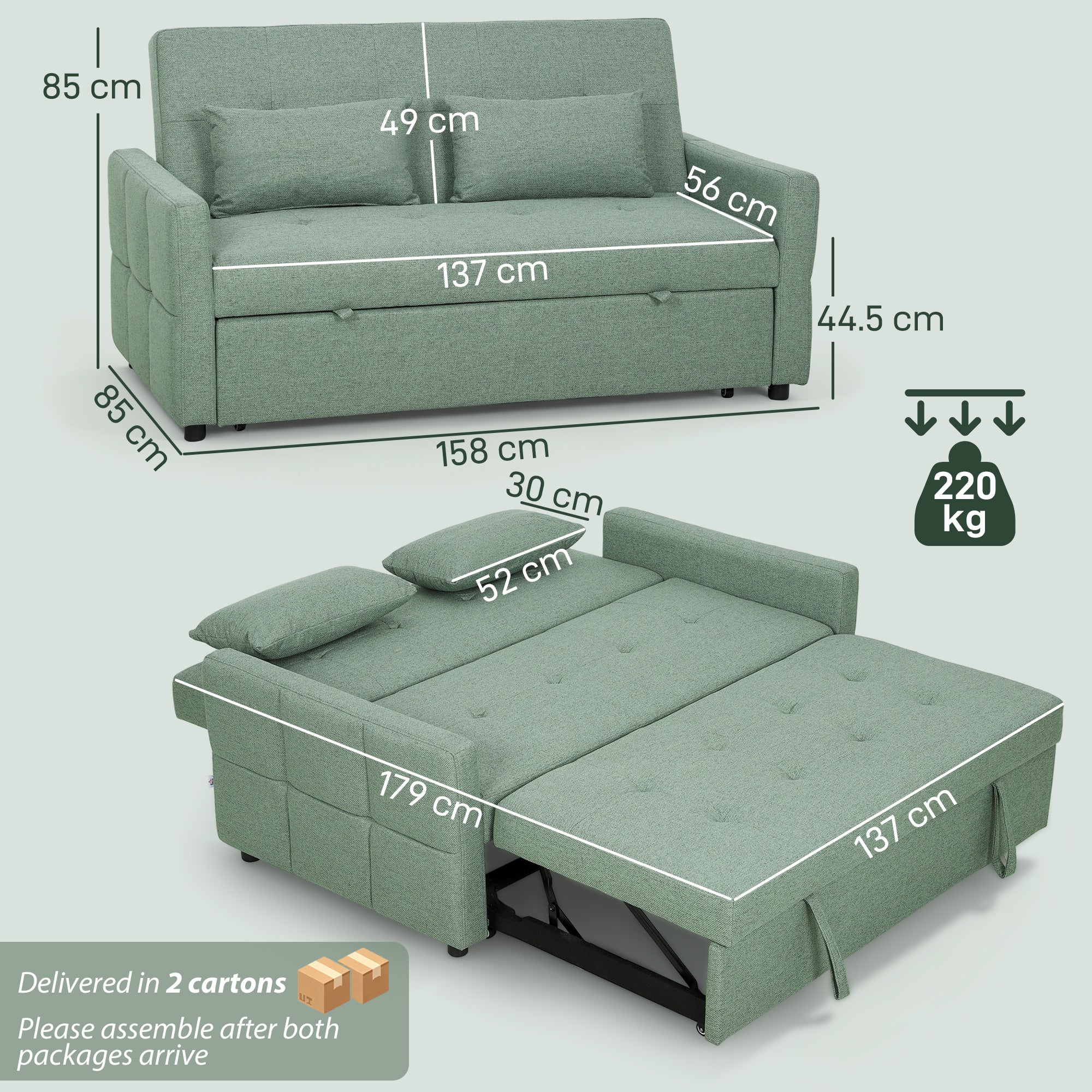 Three-Way 2 Seater Sofa Bed with Three-position back and Two Soft Pillows - Green