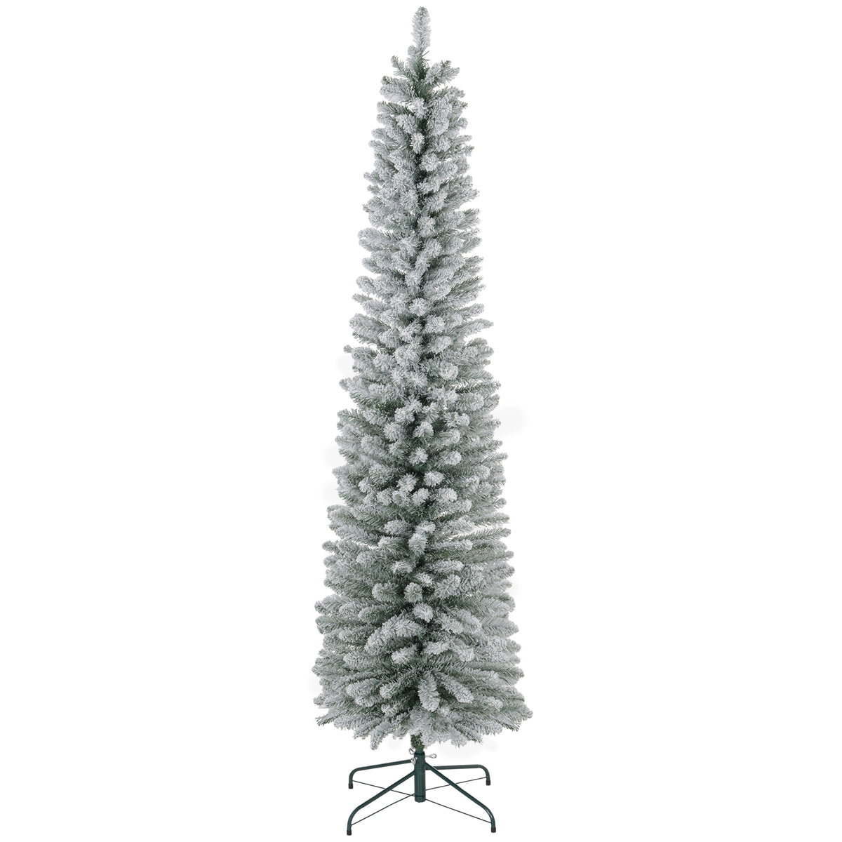7ft slim pencil Christmas tree with white snowy tips on a metal base