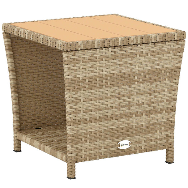 Outsunny Side Table 2-Tier Outdoor Coffee Table with Storage Shelf PS Wood Slat Top/Khaki