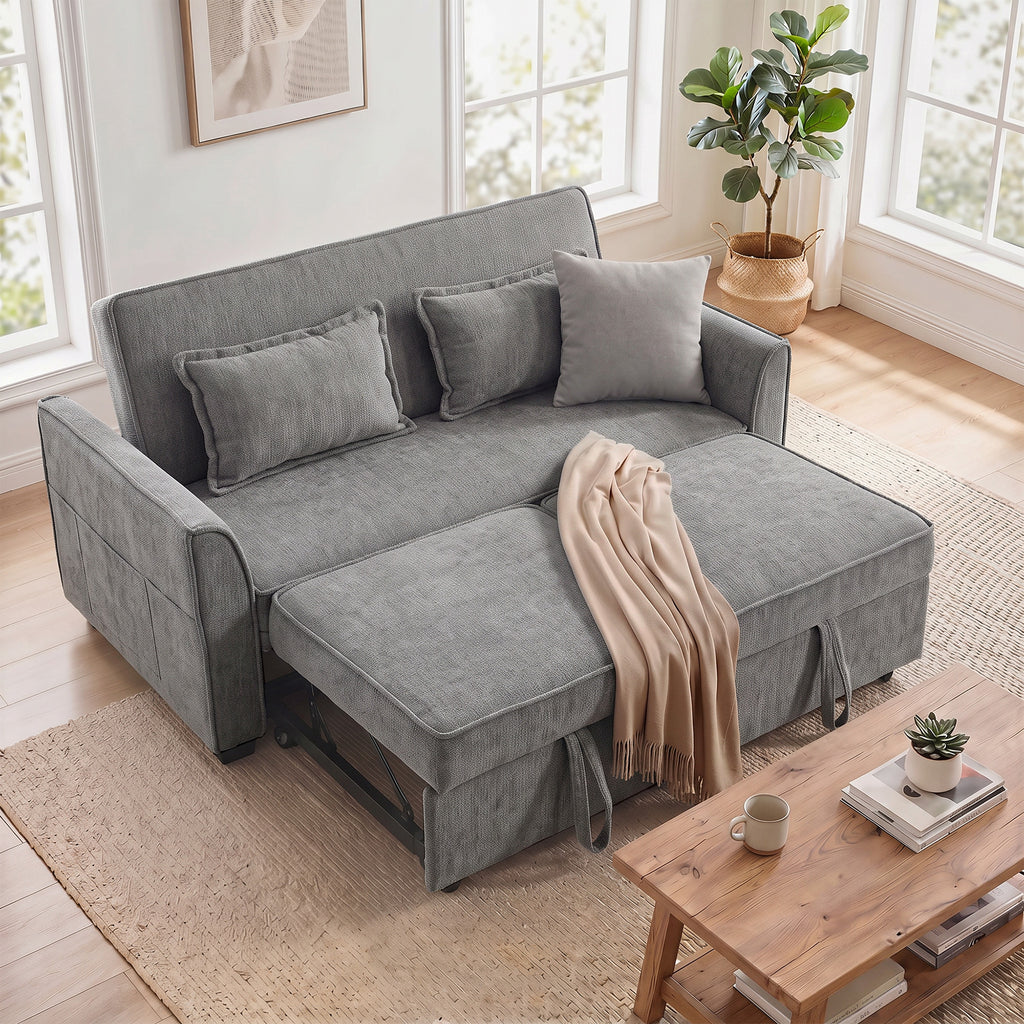 2 Seater Sofa Bed, 4-in-1 L-Shaped Convertible Pull-Out Sleeper Sofa with Adjustable Backrest and Side Pockets, Grey