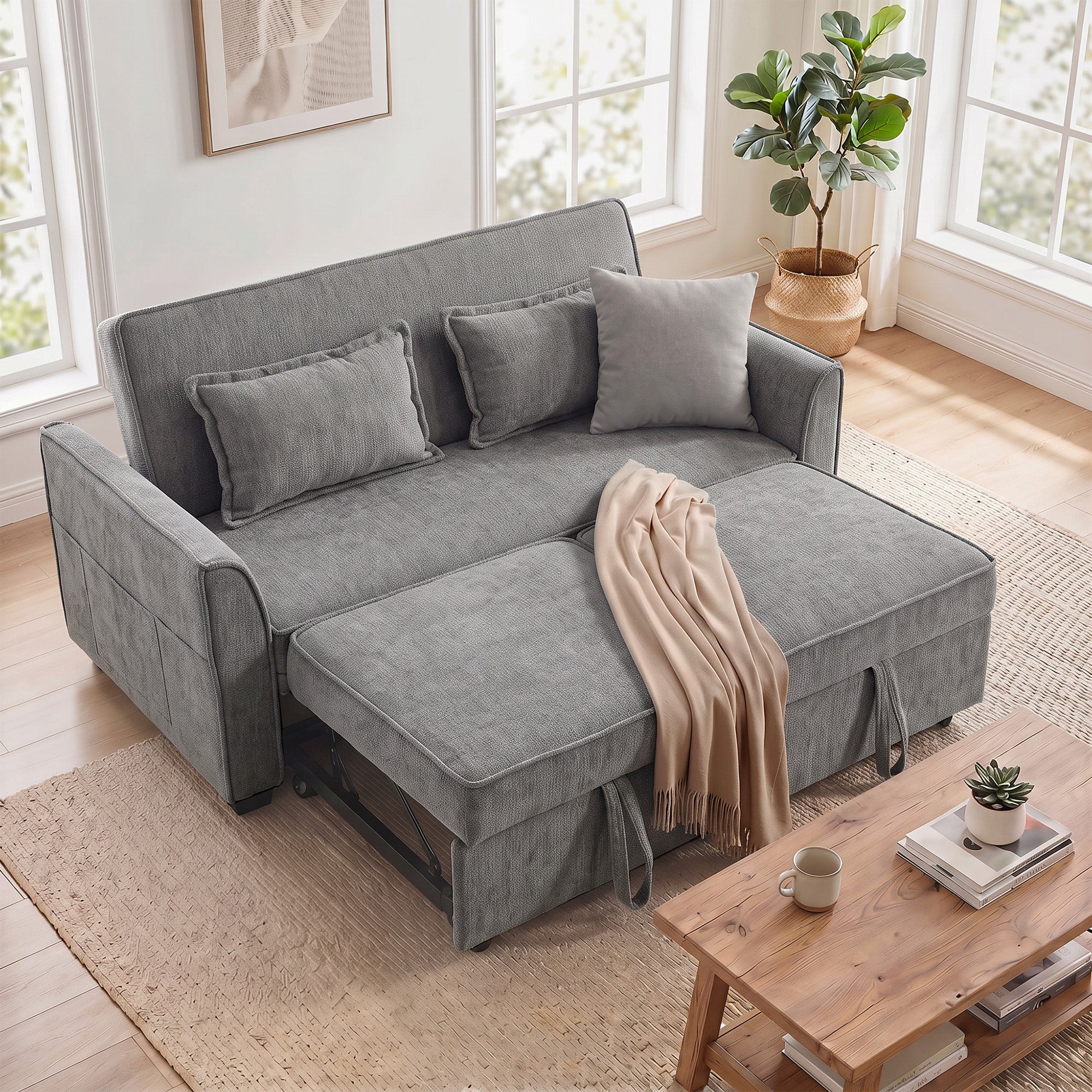 2 Seater Sofa Bed, 4-in-1 L-Shaped Convertible Pull-Out Sleeper Sofa with Adjustable Backrest and Side Pockets, Grey