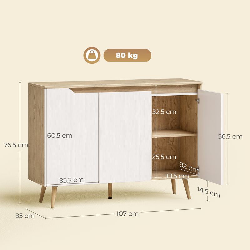 HOMCOM Sideboard Storage Cabinet, Kitchen Cupboard with 3 Doors, 2 Adjustable Shelves and 5 Rubberwood Legs, White and – view 3