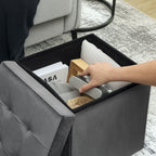 Foldable Velvet-Feel Storage Ottoman - Grey