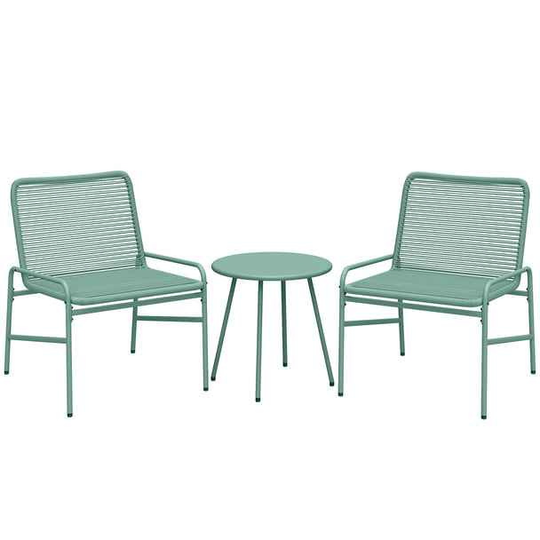 Green 3-piece rattan bistro set with two armchairs and round metal-top table