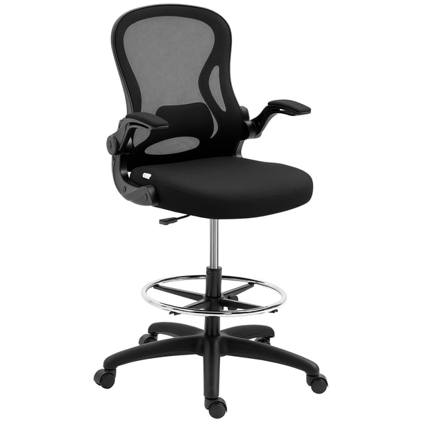 Black mesh draughtsman chair with flip-up arms, padded seat and adjustable foot ring on five wheels