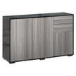 Wide light grey push-open sideboard with high gloss black frame, two drawers and two cupboards