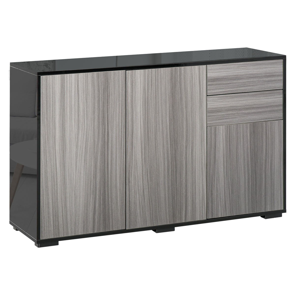 Wide light grey push-open sideboard with high gloss black frame, two drawers and two cupboards