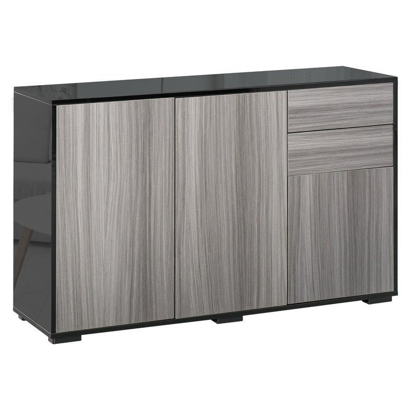 Wide light grey push-open sideboard with high gloss black frame, two drawers and two cupboards