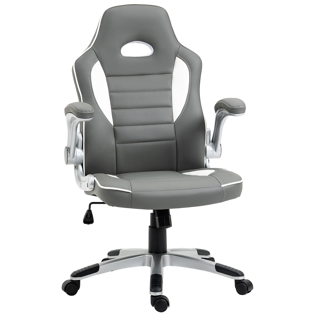 Grey faux leather racing-style gaming chair with white trim and flip-up armrests on a five-wheel base