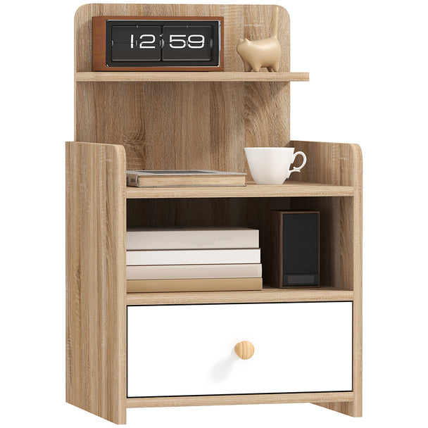 Wood-effect and white bedside table with drawer, open compartment and upper ledge