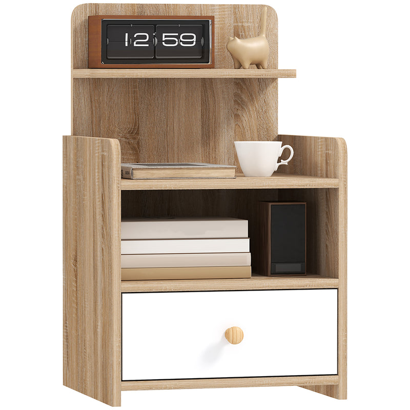 Wood-effect and white bedside table with drawer, open compartment and upper ledge