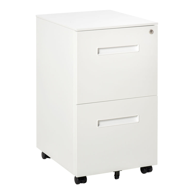 White steel mobile filing cabinet with central lock, file drawer and wheels, sized to fit under a desk
