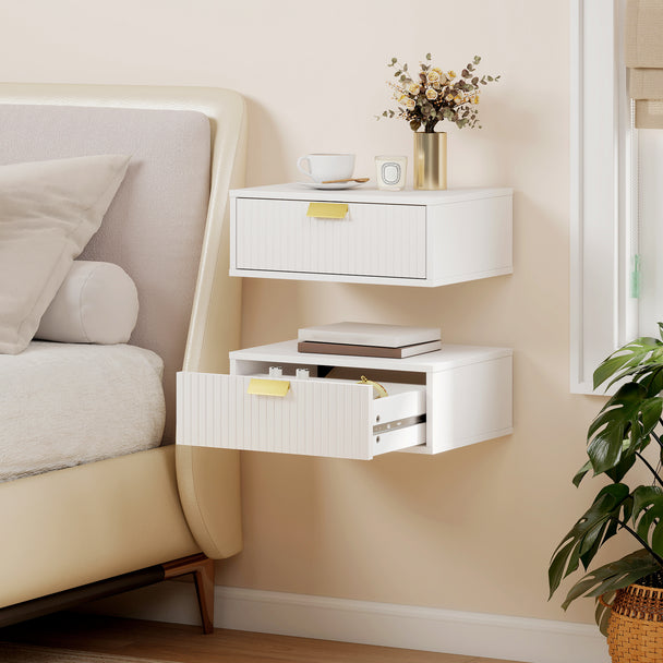 HOMCOM Modern Floating Nightstands Set of 2, Wall Mounted Bedside Tables with Wave Drawer White – view 2
