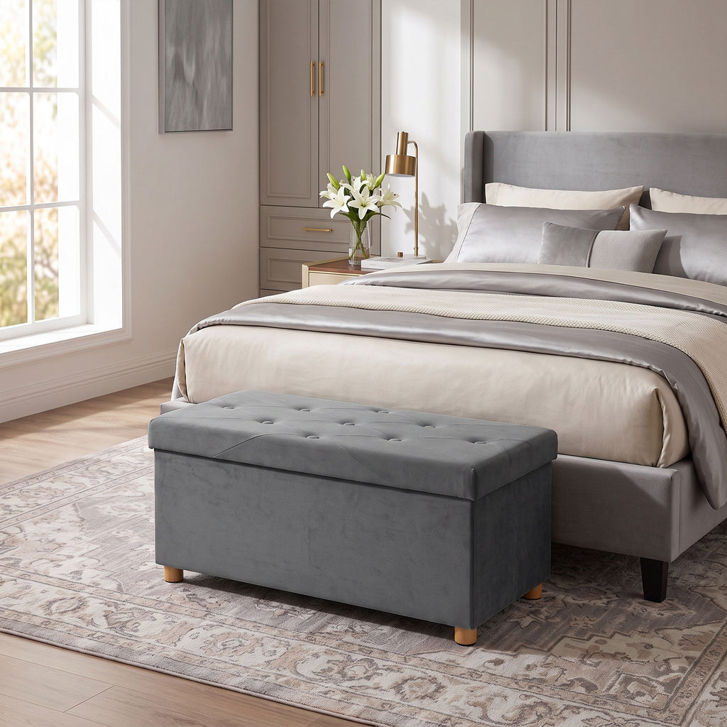 Velvet Upholstered Foldable Ottoman Footrest, Storage Ottoman Bench with Wood Legs for Living Room, Grey