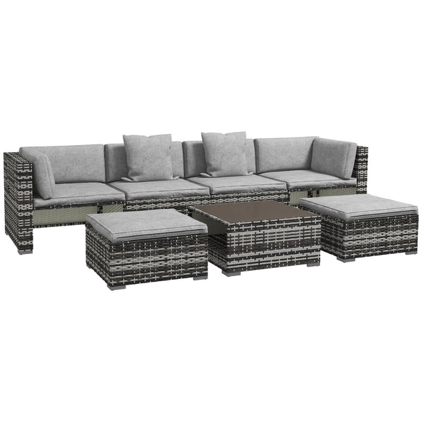 Mixed grey 7-piece modular rattan sofa set with footstools and glass-top coffee table