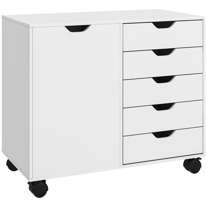 White mobile office storage cabinet with five drawers, side cupboard and wheels