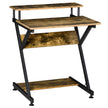 Rustic brown industrial computer desk with black steel Z-frame, raised monitor shelf and bottom shelf