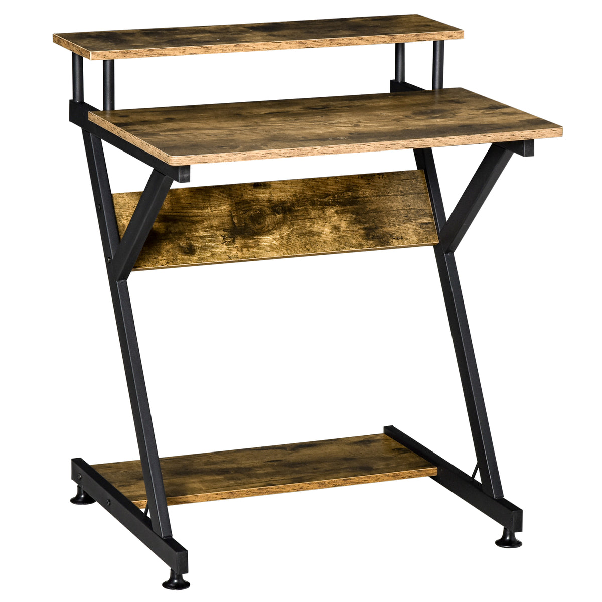 Rustic brown industrial computer desk with black steel Z-frame, raised monitor shelf and bottom shelf