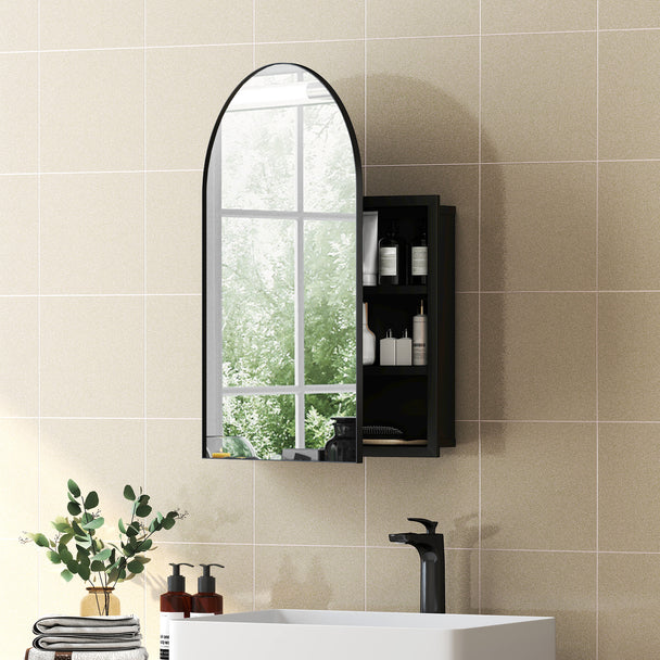 HOMCOM Bathroom Mirror Cabinet with Mirror, Arched Wall Mounted Bathroom Cabinet with Storage Shelves, Black – view 2