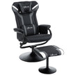 Black and grey racing-style reclining gaming chair on a round pedestal base with matching footstool