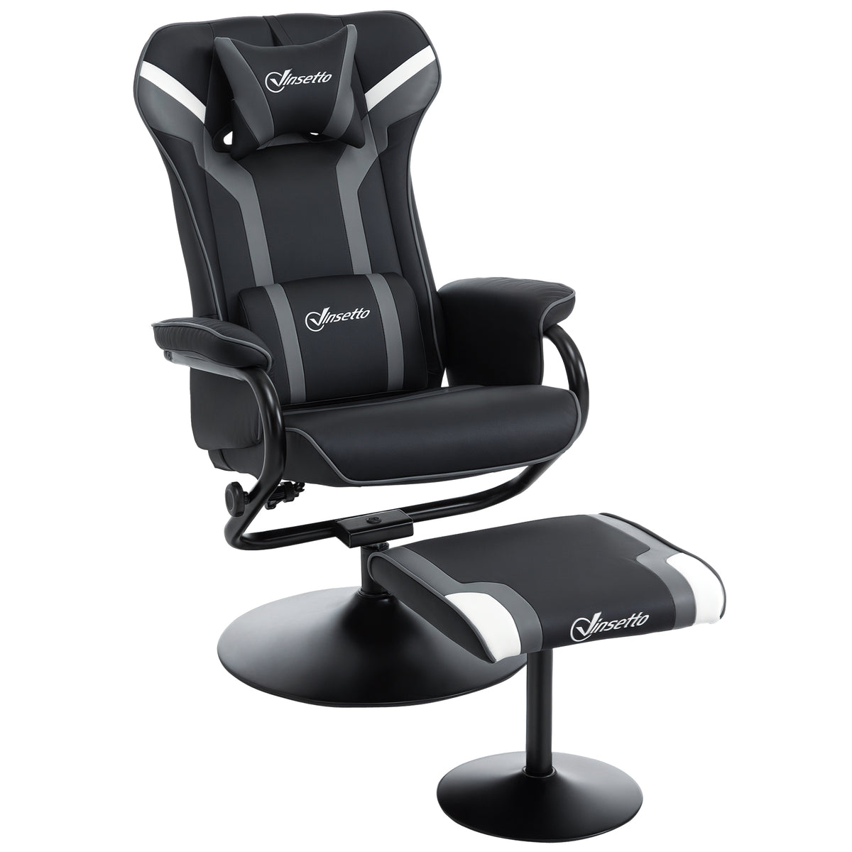 Black and grey racing-style reclining gaming chair on a round pedestal base with matching footstool