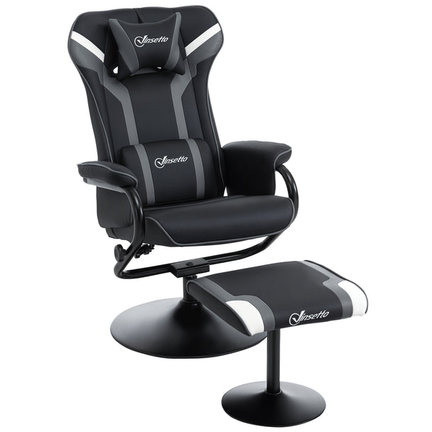 Black and grey racing-style reclining gaming chair on a round pedestal base with matching footstool