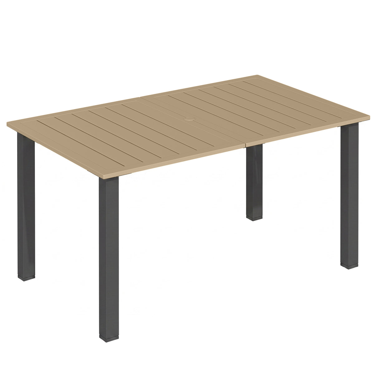Brown 150 x 90 cm garden dining table with slatted metal top and parasol hole