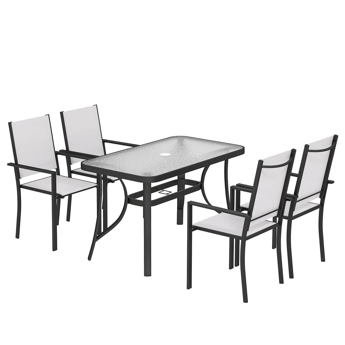 5-piece garden dining set with rectangular ripple glass table and four light grey stackable Texteline chairs
