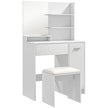 White dressing table with mirror, three side shelves, drawer, cupboard and padded stool