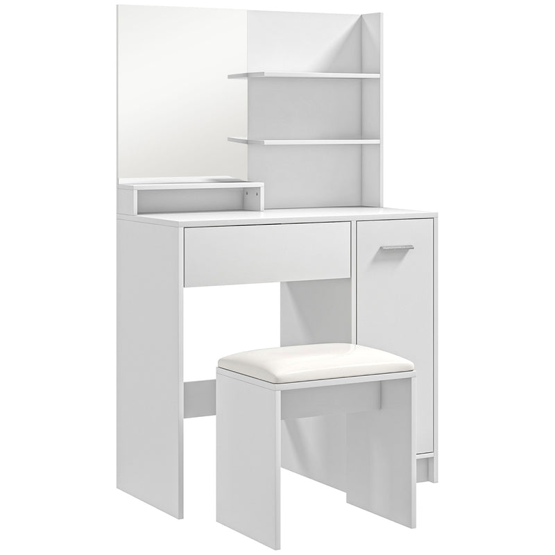 White dressing table with mirror, three side shelves, drawer, cupboard and padded stool