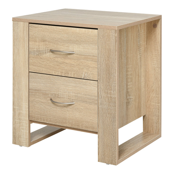 Brown wood-effect 2-drawer bedside table with silver-tone handles and boxy side legs