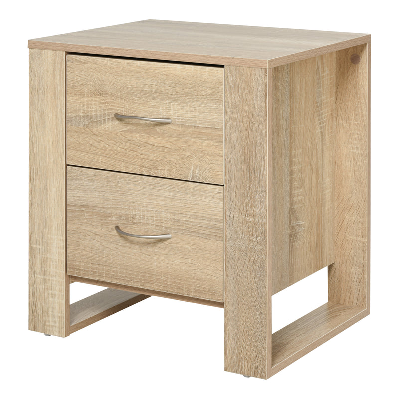 Brown wood-effect 2-drawer bedside table with silver-tone handles and boxy side legs