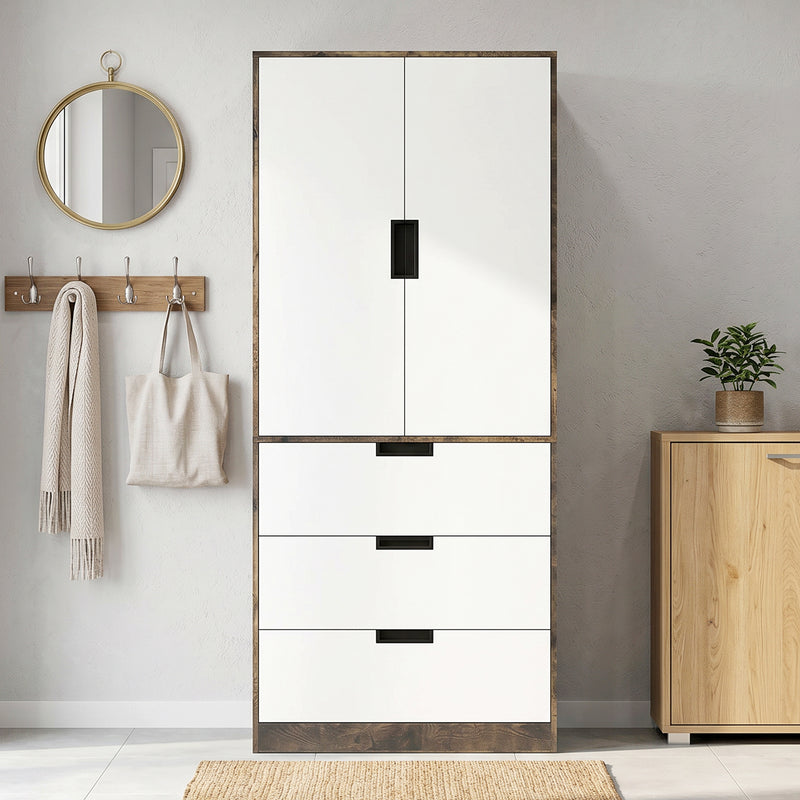 HOMCOM Modern Clothes Storage Cupboard Unit, 3 Drawer 2 Door Wardrobe with Hanging Rod, Rustic Brown – view 9