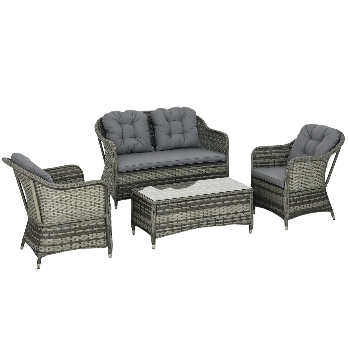 Mixed grey 4-piece aluminium rattan sofa set with two-seater, armchairs and glass table