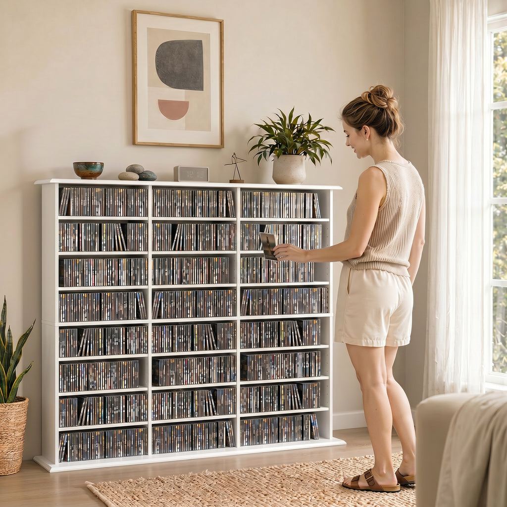 1032 CD/594 DVD Storage Unit, Blu-ray Media Storage Shelf with 24 Compartments and 18 Adjustable Shelves, White
