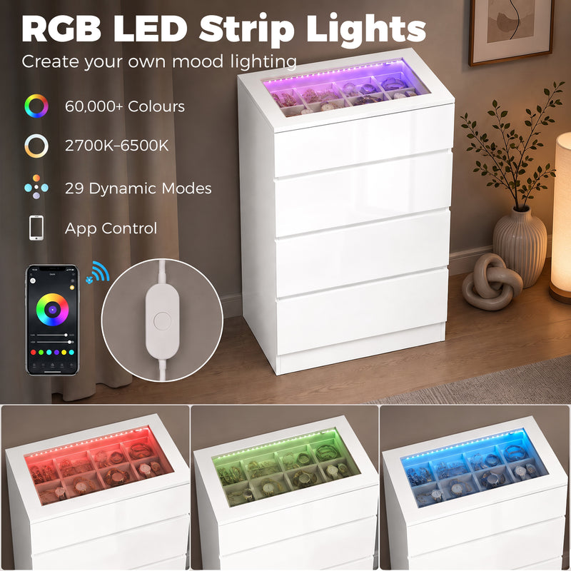 HOMCOM High Gloss 4 Drawer Chest of Drawers with Glass Top and RGB LED Lights, Dresser with Jewelry Organizer, APP – view 5