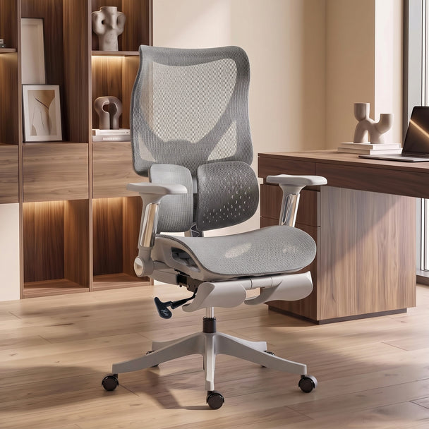 HOMCOM Ergonomic Office Chair with Lumbar Support, Mesh Reclining Desk Chair with Footrest, Adjustable High Back, Grey – view 2