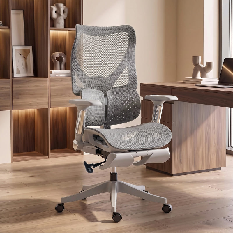 HOMCOM Ergonomic Office Chair with Lumbar Support, Mesh Reclining Desk Chair with Footrest, Adjustable High Back, Grey – view 2