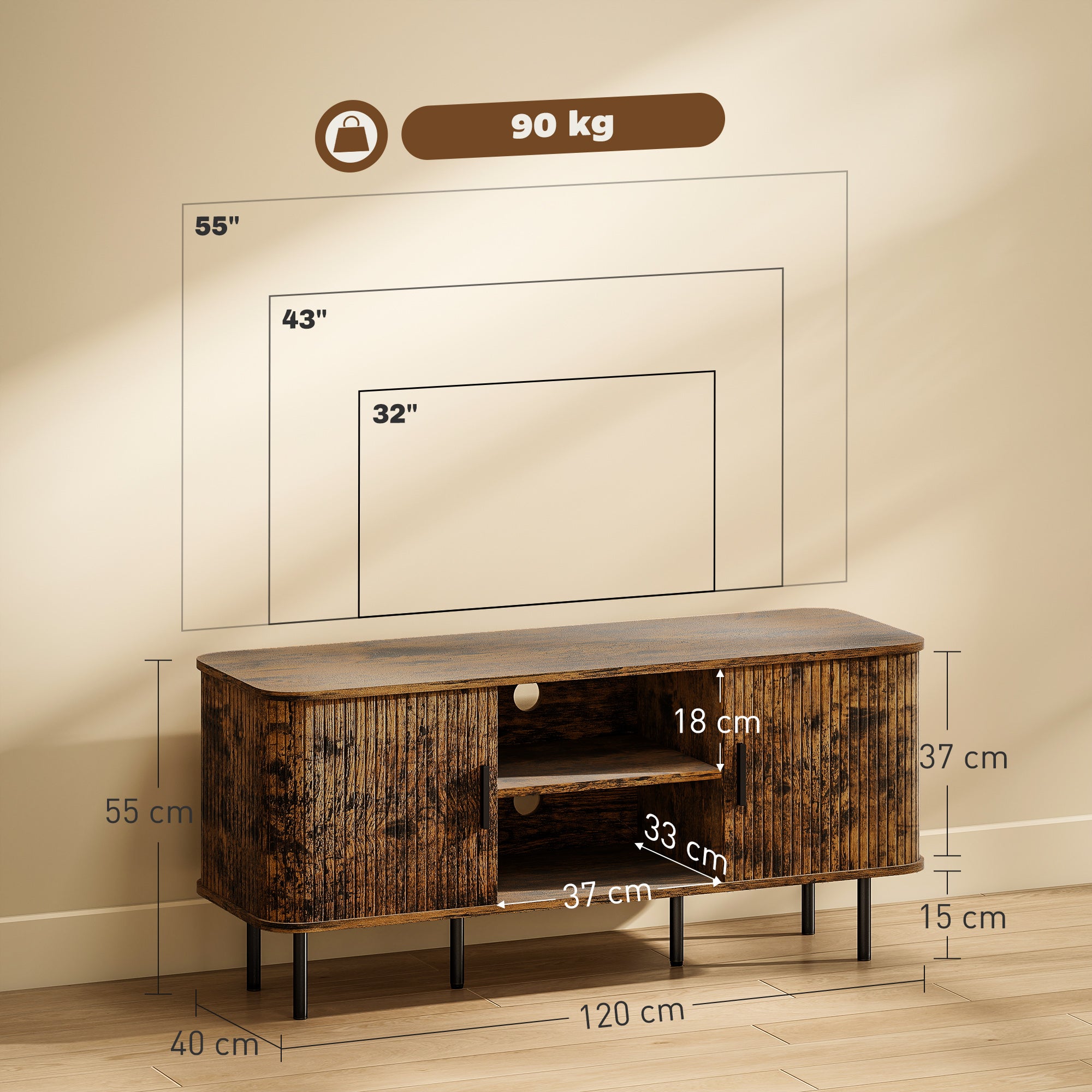 TV Stand Cabinet for TVs up to 55 Inches, TV Unit with Storage Shelves and Cupboard for Living Room, Rustic Brown