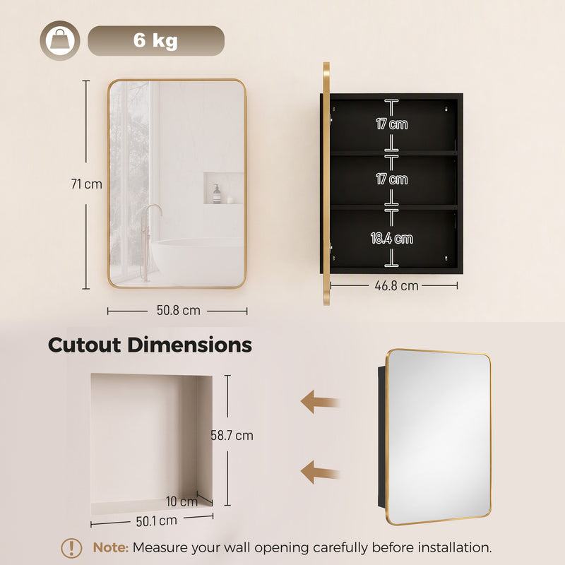 HOMCOM 50.8 x 11.6 x 71 cm Bathroom Mirror Cabinet, Wall Cabinet with Adjustable Shelves, Wall-Mounted or Recessed – view 3