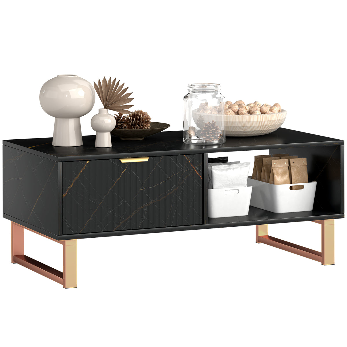 100 cm Marble-Effect Coffee Table with Drawer & Shelves – Black