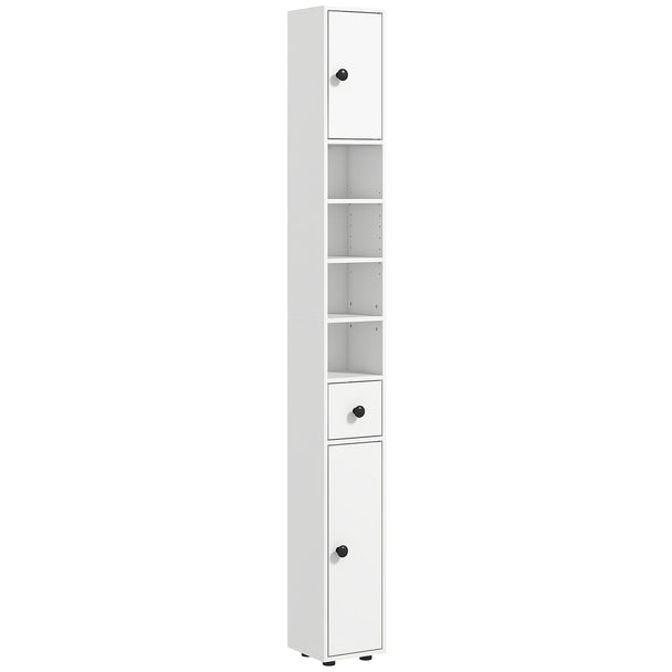 White 180 cm ultra-slim bathroom cabinet with cupboards, drawer and open shelves