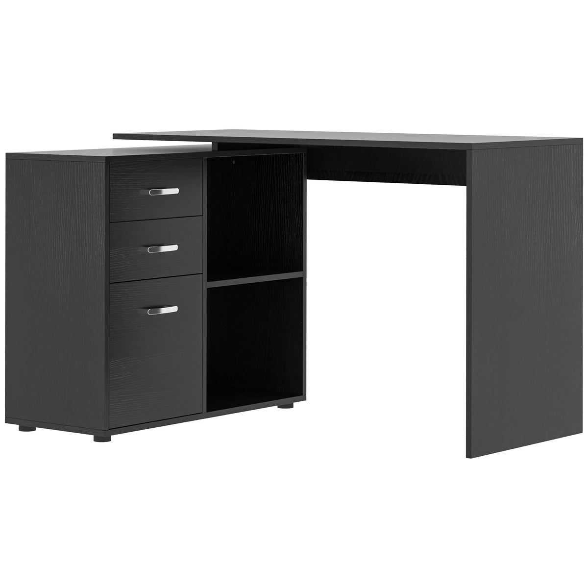 Black reversible L-shaped computer desk with file cabinet, two drawers and open shelves