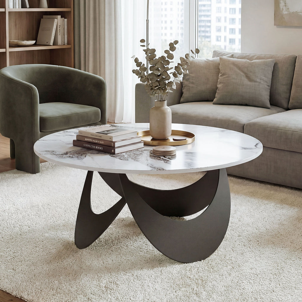 Coffee Table Sintered Stone Top Adjustable Foot Pads Modern Centre Table for Living Room White and Black