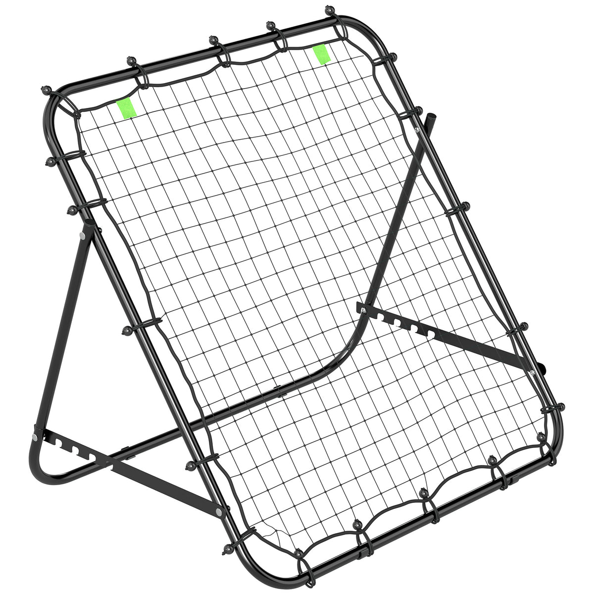 Black lightweight football rebounder net on steel frame with adjustable rear support